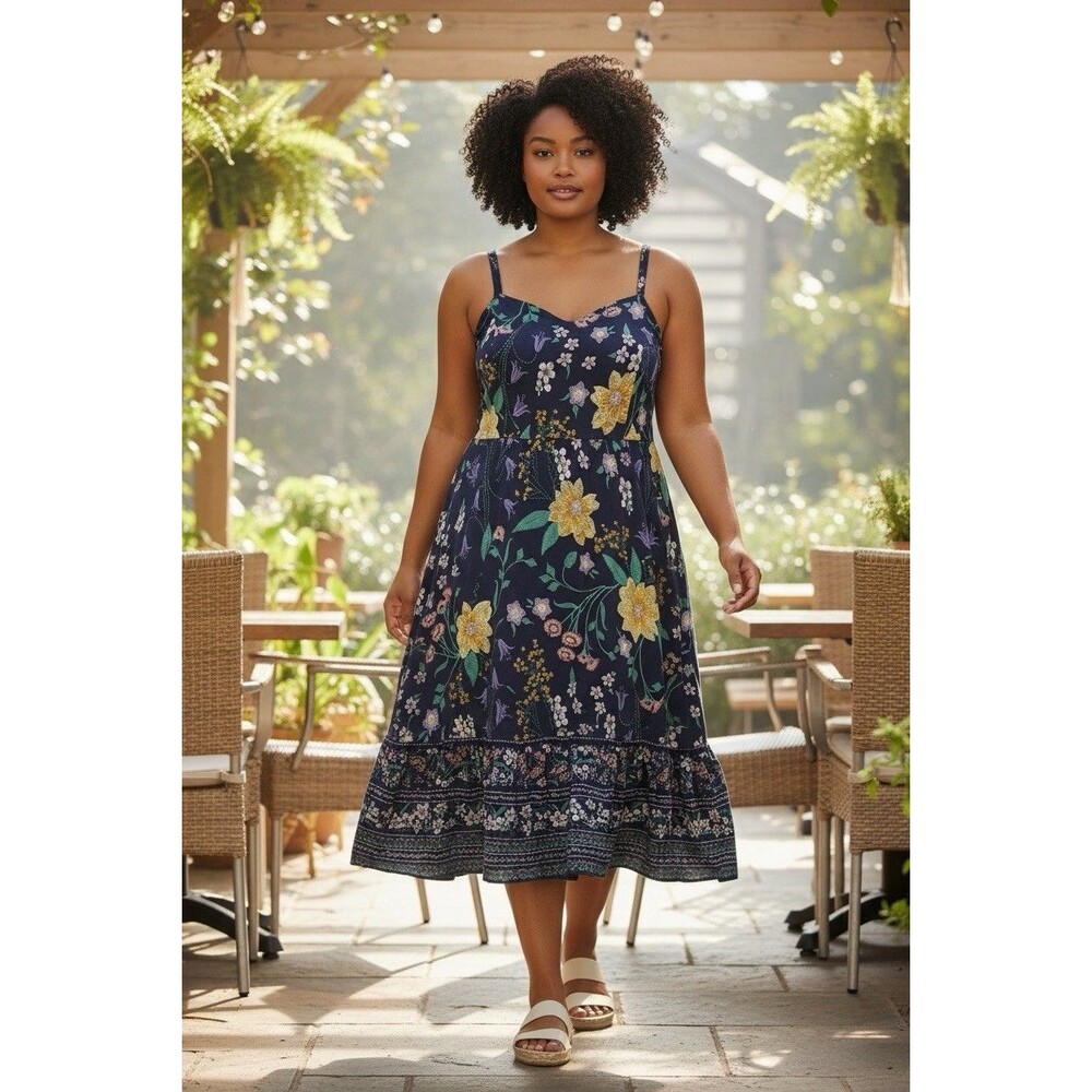 Fit & Flare Cami Women’s Dress Size L Cottage Core Bohemian Sweetheart Neck